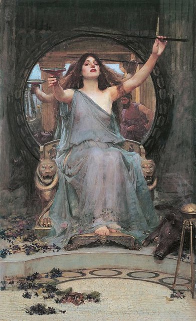 Circe sits on thrown confidently looking toward us with head tilted slightly back, as she outstretches one arm holding a cup and brandishes a sword in her other hand. 