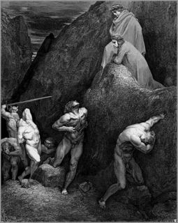 Illustration by Gustave Dore, depicting Canto XXVIII of Dante's Inferno. Schismatic Mohamet is ripped from head to groin by a demon in the ninth pocket of the eighth circle of hell.
